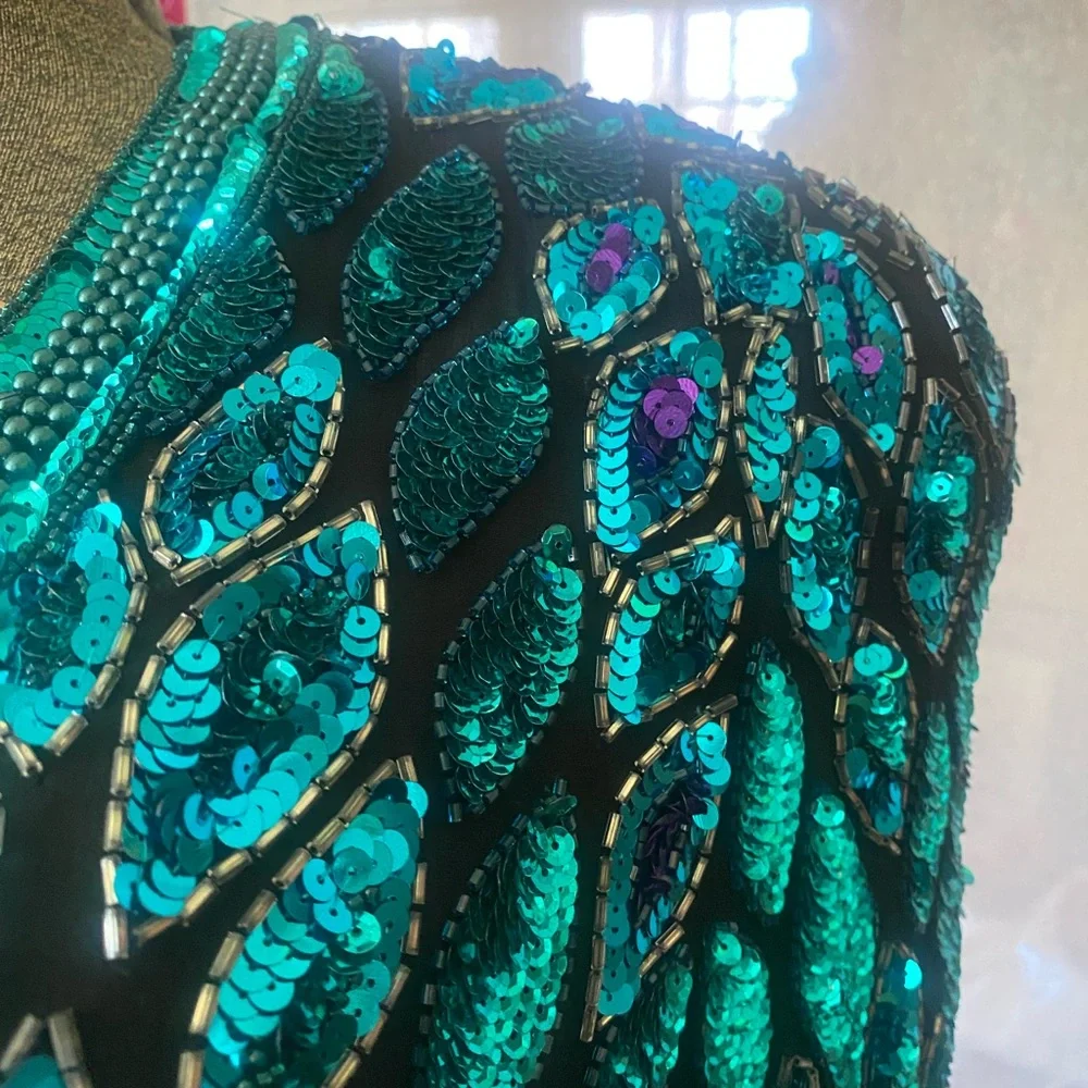 Vintage 80s Oleg Cassini Black Tie Black Silk Jacket Designer Turquoise Purple M - Picture 2 of 8